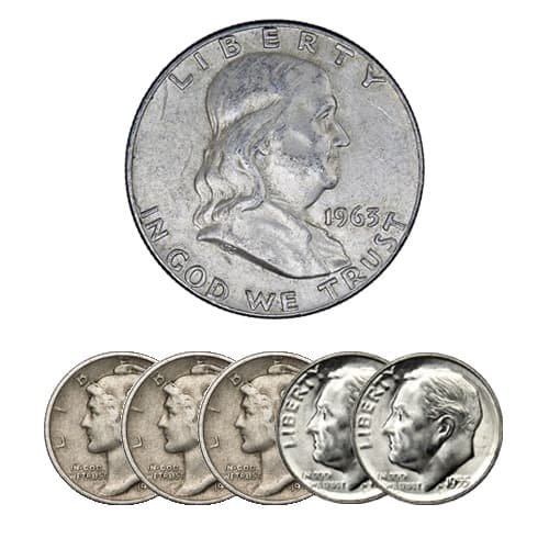 Junk silver coins — Franklin half dollar, Mercury dimes, and Roosevelt dimes