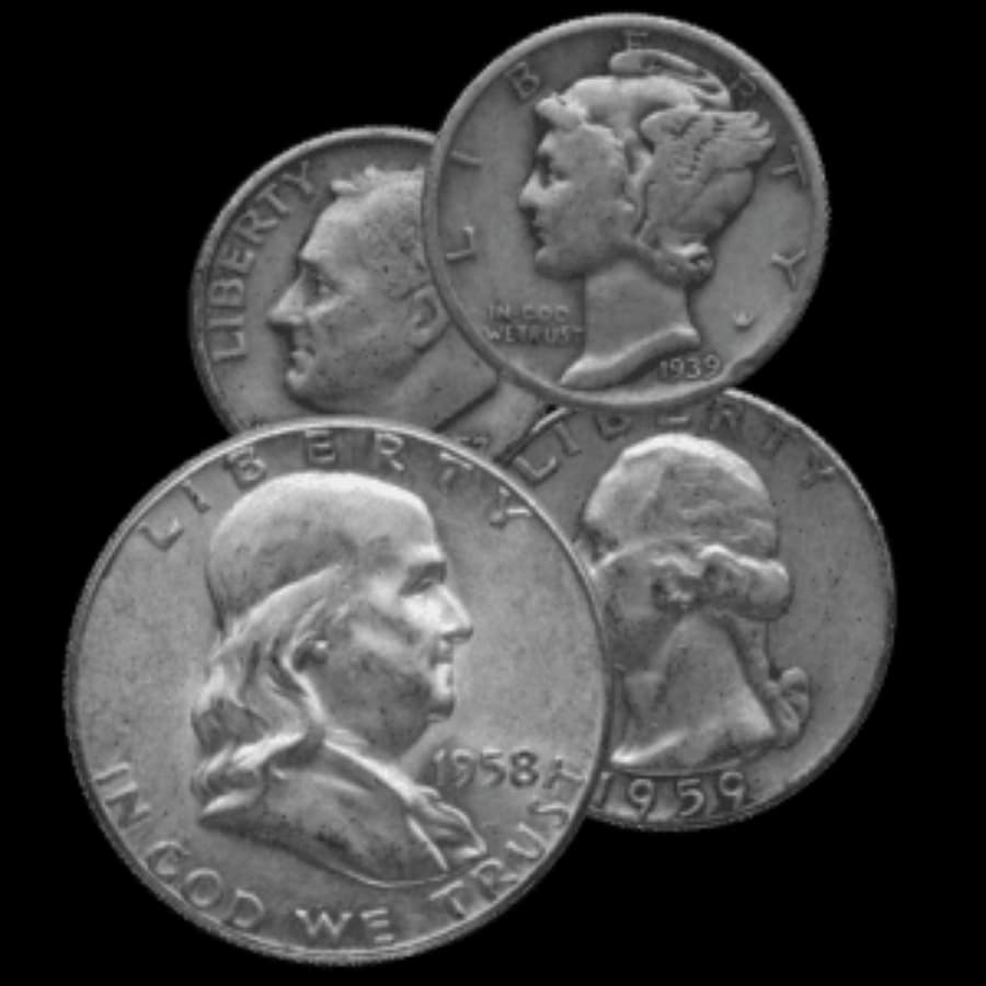 90% silver coins, pre-1965 U.S. dimes quarters and half dollars