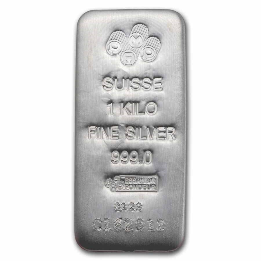 1 kilo silver bar front — .999 fine silver, 32.15 troy oz