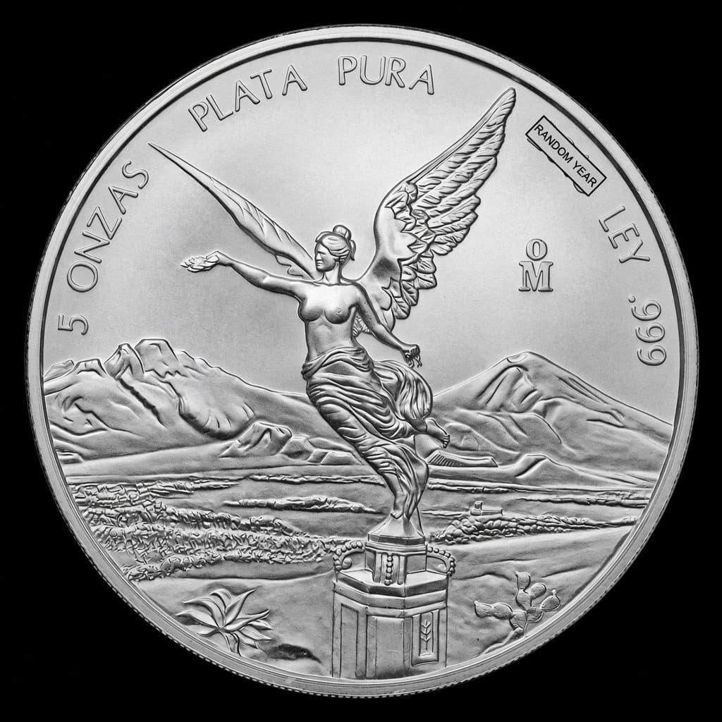 Mexico 5 oz Silver Libertad obverse showing Winged Victory before the volcanoes Popocatépetl and Iztaccíhuatl, stamped 5 ONZAS PLATA PURA LEY .999