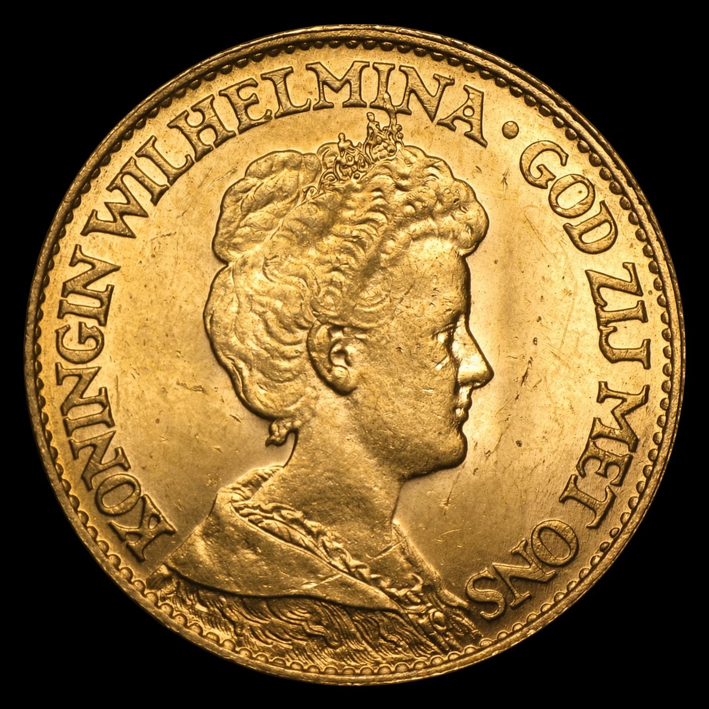 Netherlands gold 10 Gulden coin obverse showing Queen Wilhelmina