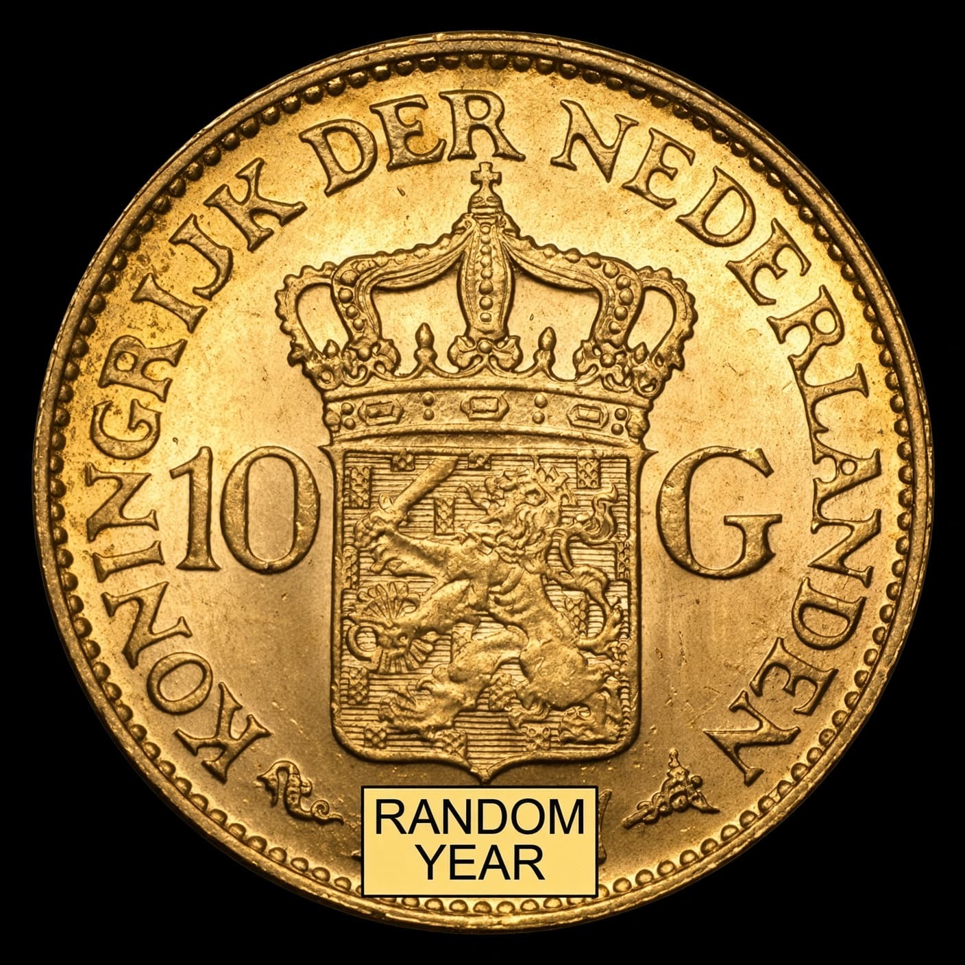 Netherlands gold 10 Gulden coin obverse showing Queen Wilhelmina (reverse)