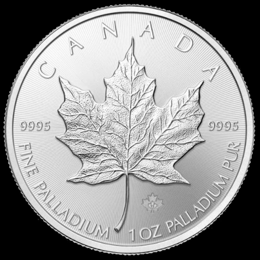 1 oz Canadian Palladium Maple Leaf reverse — maple leaf design, 9995 fine palladium, 1 OZ PALLADIUM PUR