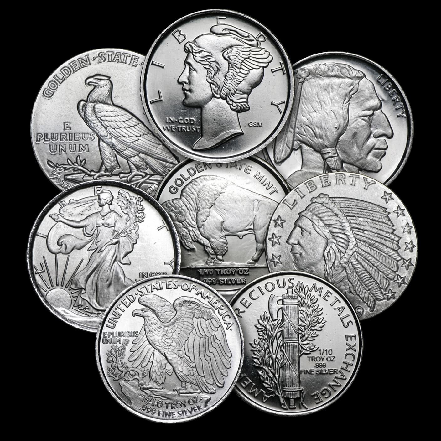 Assorted 1/10 oz secondary-market silver rounds including Mercury dime, Buffalo, Walking Liberty, Indian Head, and eagle designs