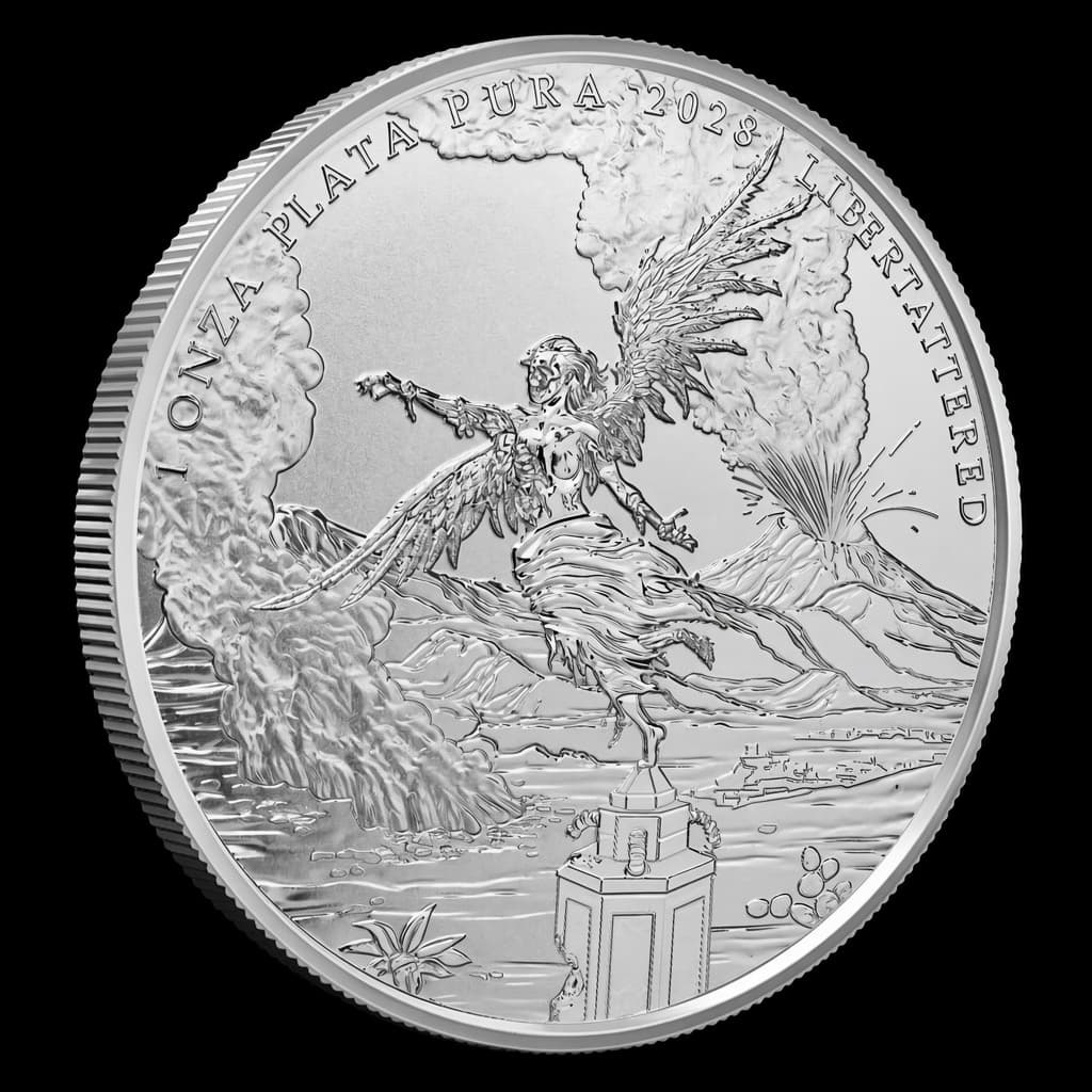 1 oz Silver Zombucks World Libertattered round showing a skeletal winged Victory with tattered robes before erupting volcanoes, legend 1 ONZA PLATA PURA 2028 LIBERTATTERED
