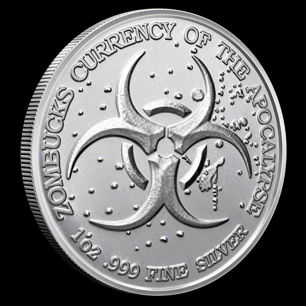 1 oz Silver Zombucks World Libertattered round showing a skeletal winged Victory over an erupting volcano (reverse)
